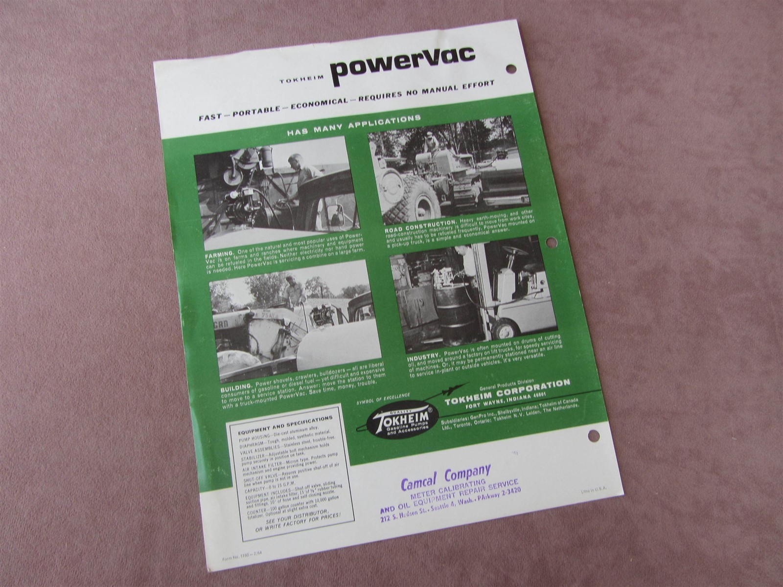 1962 Tokheim Sales Brochure High Vacuum Hand Powered Pumps +Flow Meters Indiana
