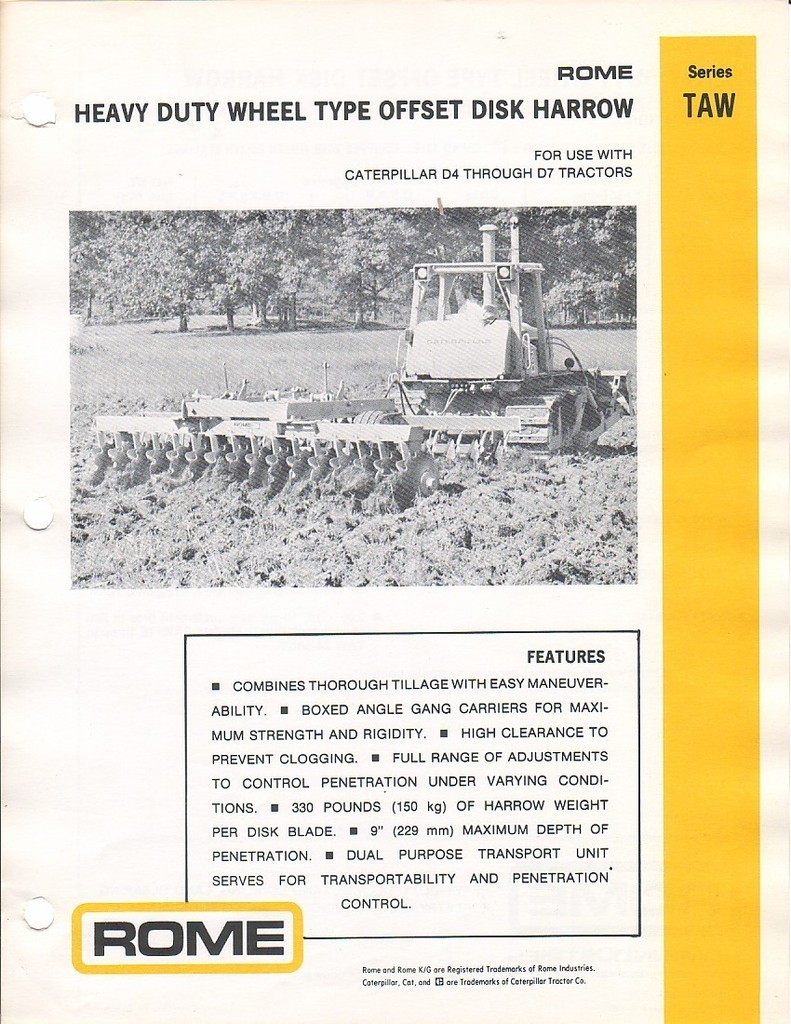 Farm Implement Brochure – Rome – TAW – Wheel Offset Disk Harrow – 1978 (F1161)