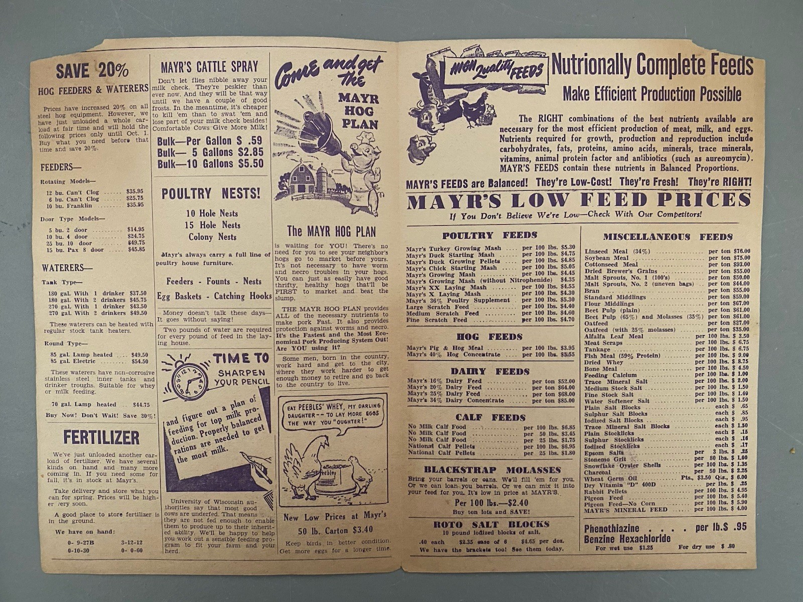 1950 Advertising Brochure Mayr’s Seen & Feed News Beaver Dam Wis. 4H Price Lists