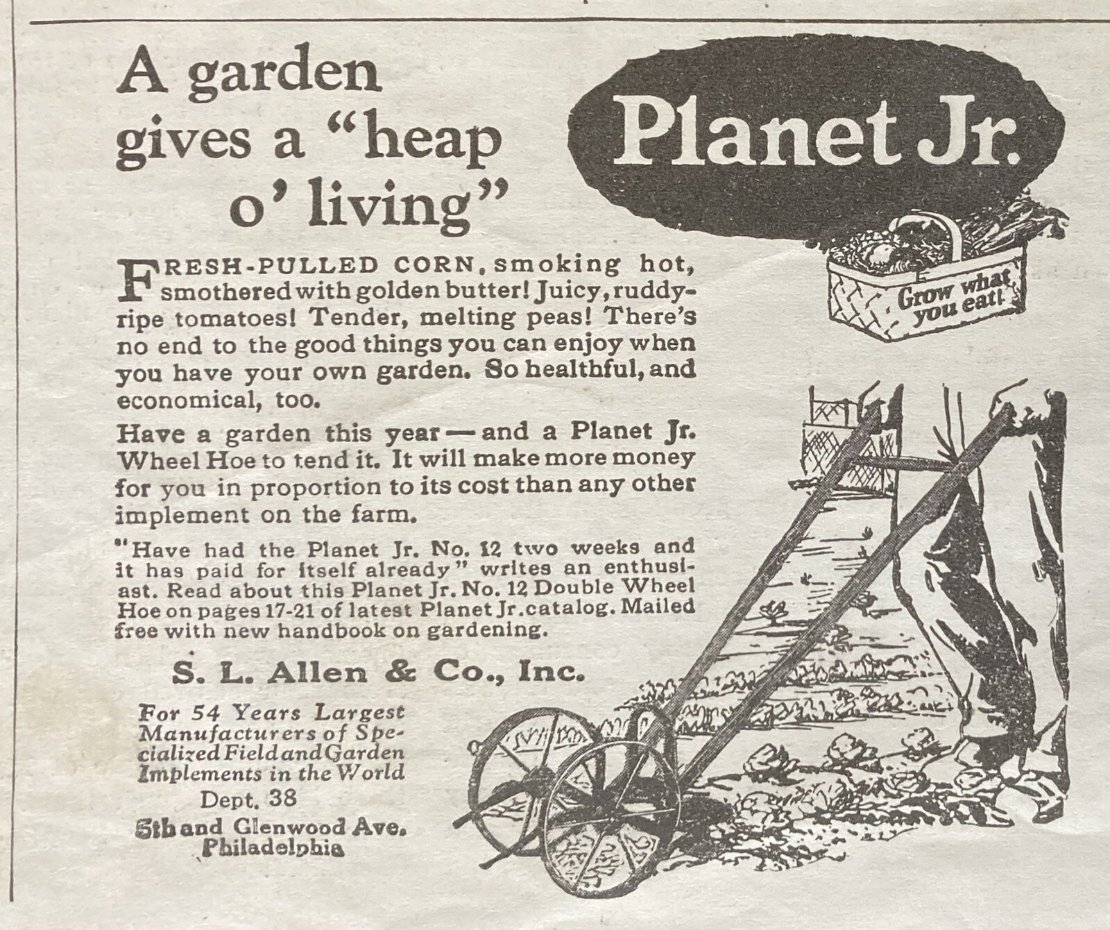 1926 AD.(XH3)~S.L. ALLEN CO. PHIL., PA. PLANET JR. WHEEL HOE