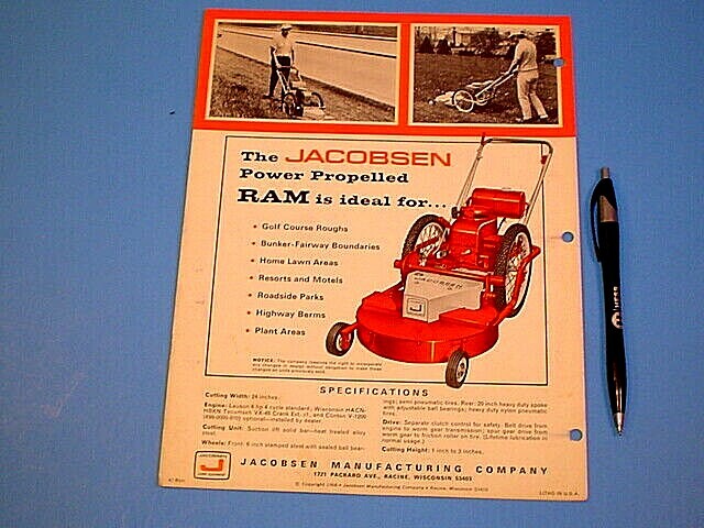 VINTAGE 1966 JACOBSEN RAM ALL PURPOSE ROTARY LAWN MOWER SINGLE SHEET BROCHURE