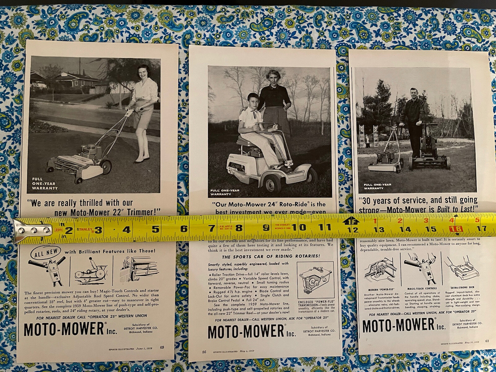 (3) Vintage 1959 Moto Mower Lawn Mower Print Ad Qty 3