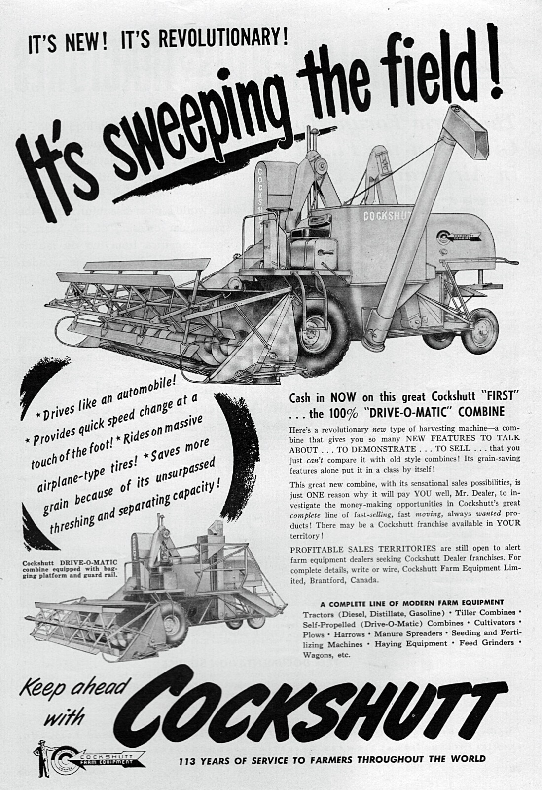 1952 Cockshutt Drive-O-Matic Combine Tractor Original Print Ad