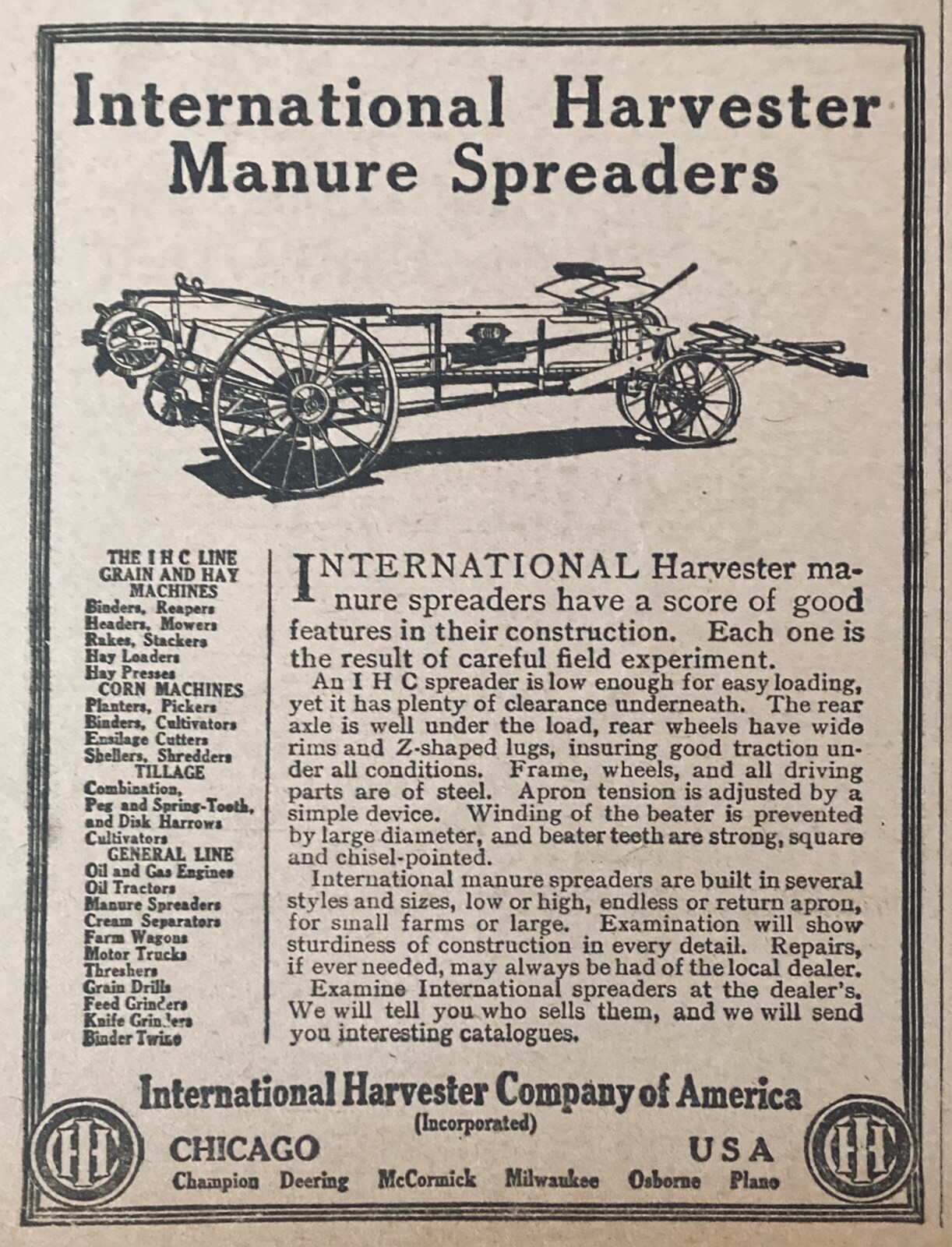1914 AD.(XH49)~INTERNATIONAL HARVESTER CO. IHC MANURE SPREADERS