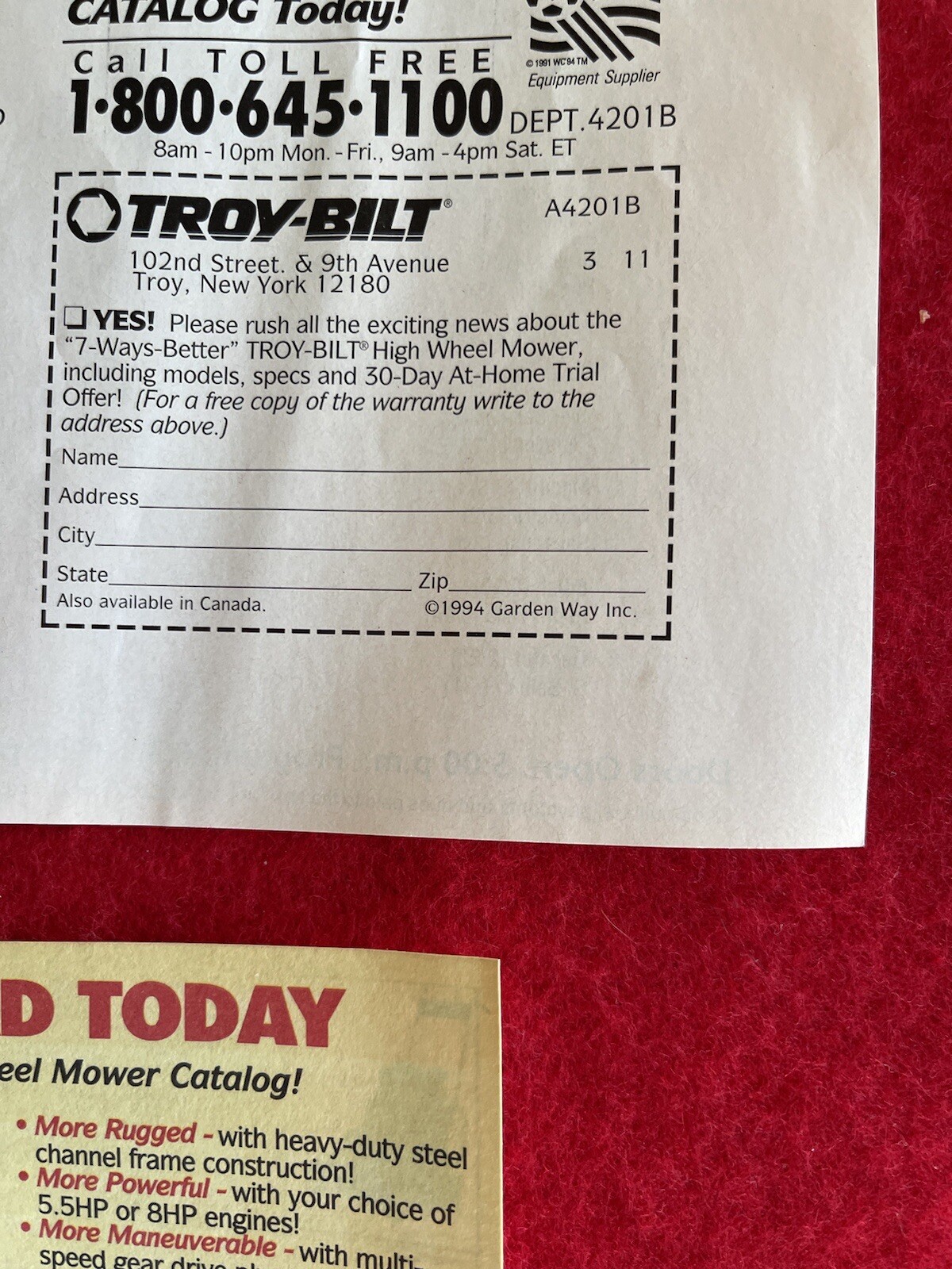 Vintage 1994 Print Ad Troy Bilt High Wheel Mower Advertisement