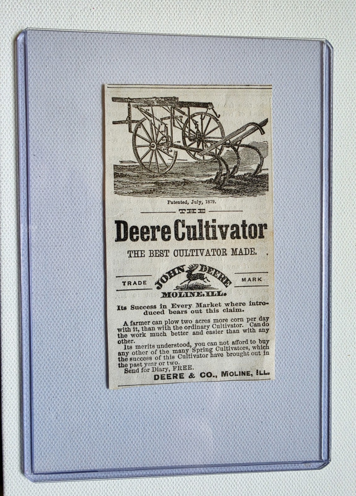 Patented July, 1879 John Deere Cultivator Newspaper Advertising Light Crease