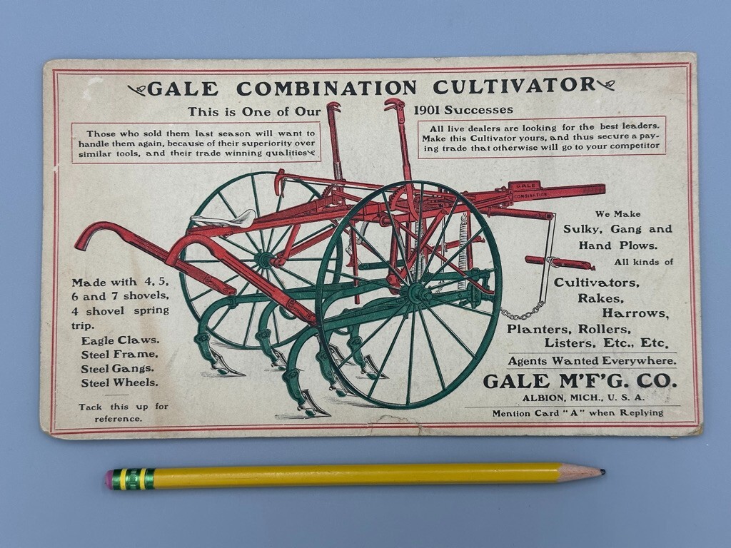 1901 GALE Cultivator FARM Advertising ALBION Michigan Cardboard Postcard or Sign