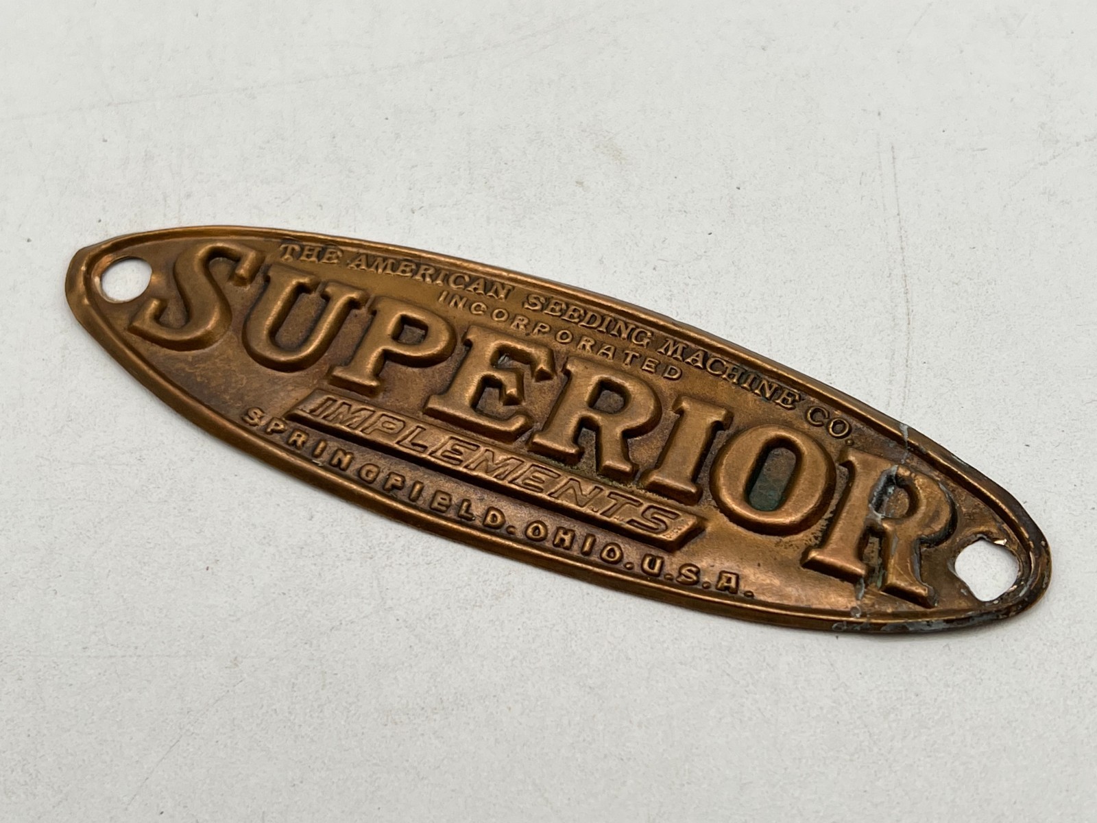 Vintage The American Seeding Machine Co. Superior Implements Brass Tag / Plate