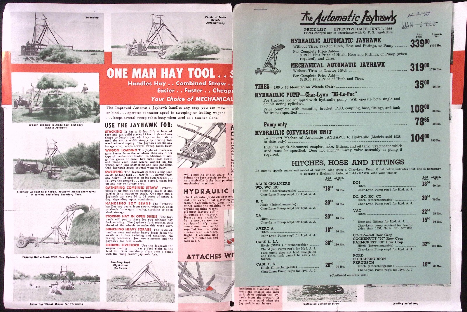 1953 Improved Automatic Jayhawk Portable Stacker Sweeprake Hay Loader Brochure