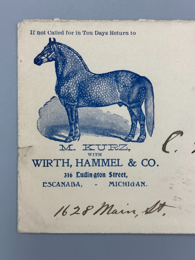 1897 SPOTTED HORSE Michigan ESCANABA Illustrated Postal Cover FARM Advertising