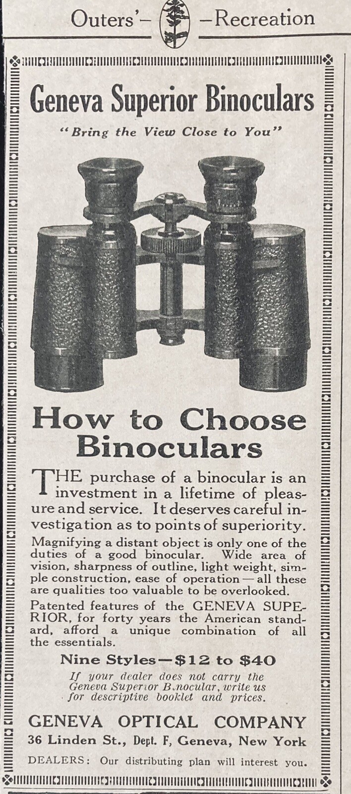 1924 AD.(XG18)~GENEVA OPTICAL CO. GENEVA, NY. SUPERIOR BINOCULARS