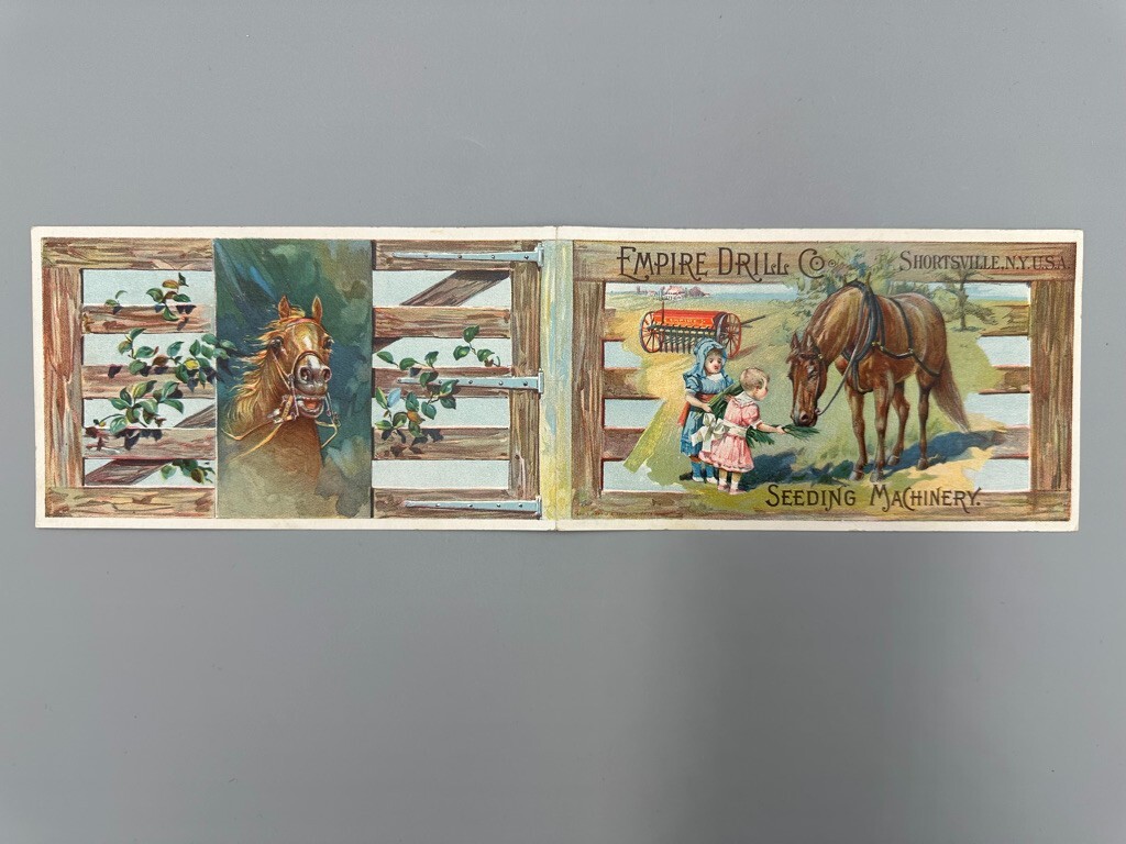 1880s EMPIRE DRILL Victorian FARM HORSE Advertising Trade Card SHORTSVILLE NY