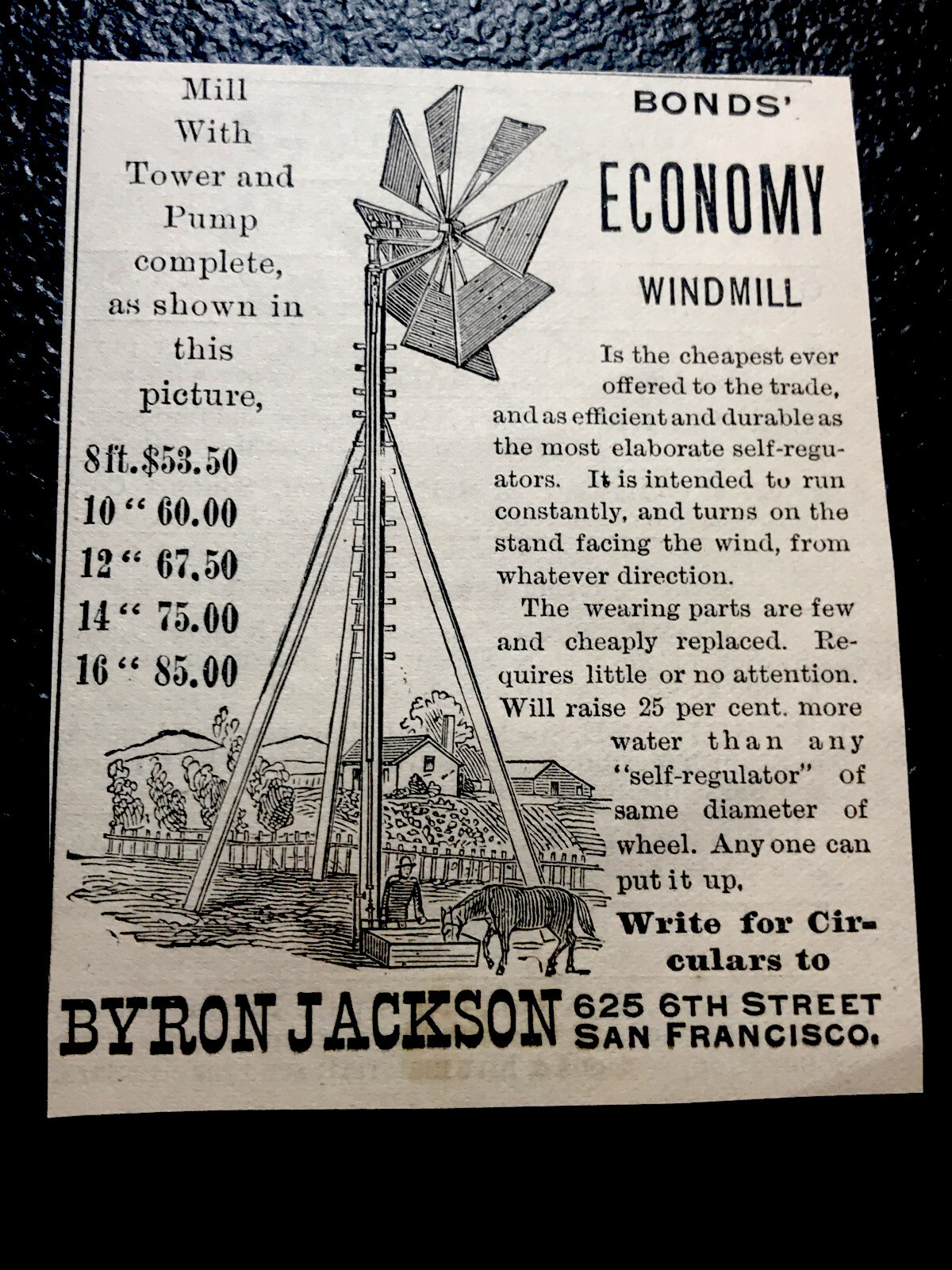 1886 Bonds Windmill Farm Advertising – San Francisco – California