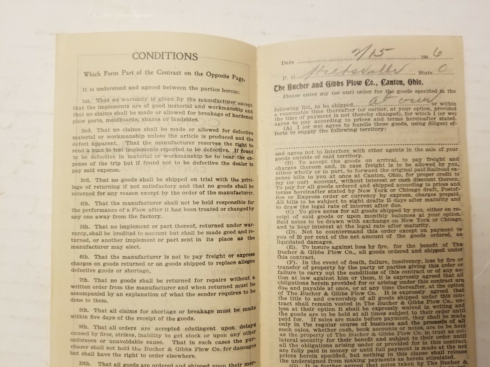 AGRICULTURE CONTRACT. 1906. THE BUCHER & GIBBS PLOW CO.