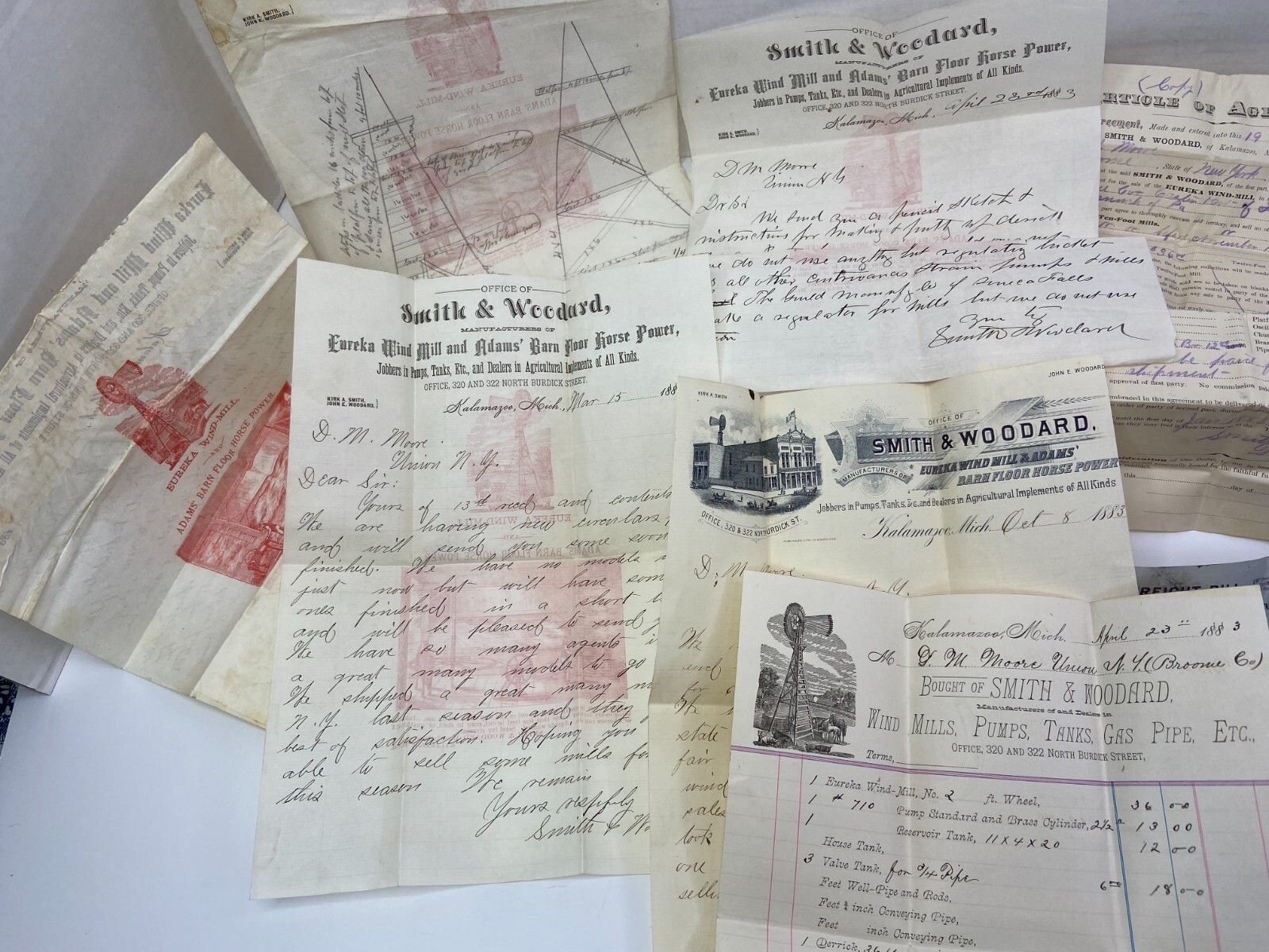 RARE ARCHIVE Letters Drawing Ephemera Smith Woodard WIND MILL Kalamazoo MI 1883