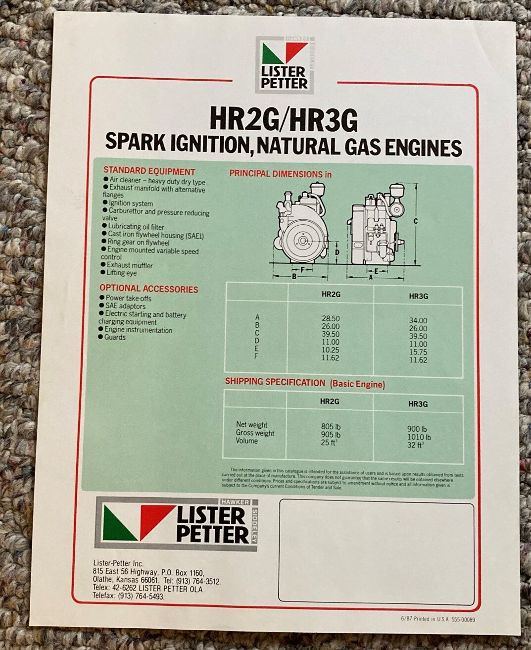 LA170 Lister Petter Spark Ignition Natural Gas Engine HR2G HR3G Spec Sheet