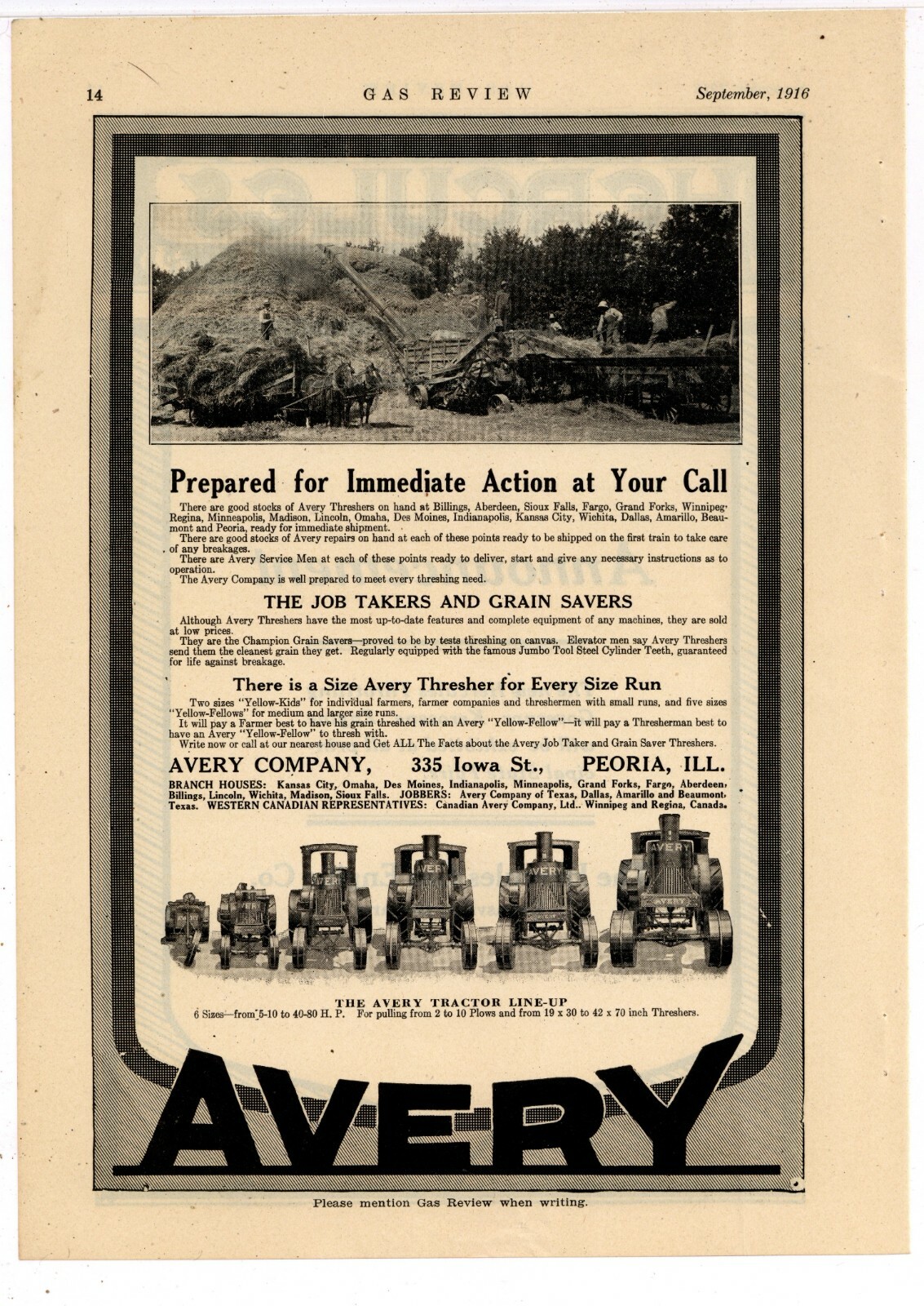 1916 Avery Tractors & Threshers Ad: Job Takers & Grain Savers – Peoria, Illinois
