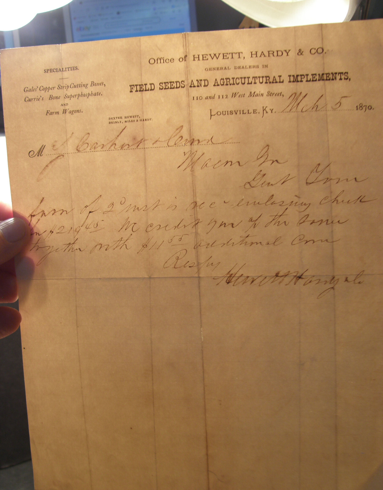 ANTIQUE LETTERHEAD HEWETT HARDY CO SEEDS & AGRICULTURAL IMPLEMENTS LOUISVILLE KY