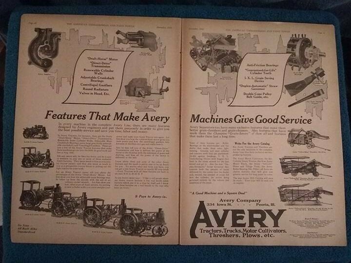 Avery Co. Peoria, IL 1919 Advertisement: 2 Pgs. All Tractor & Thresher Models