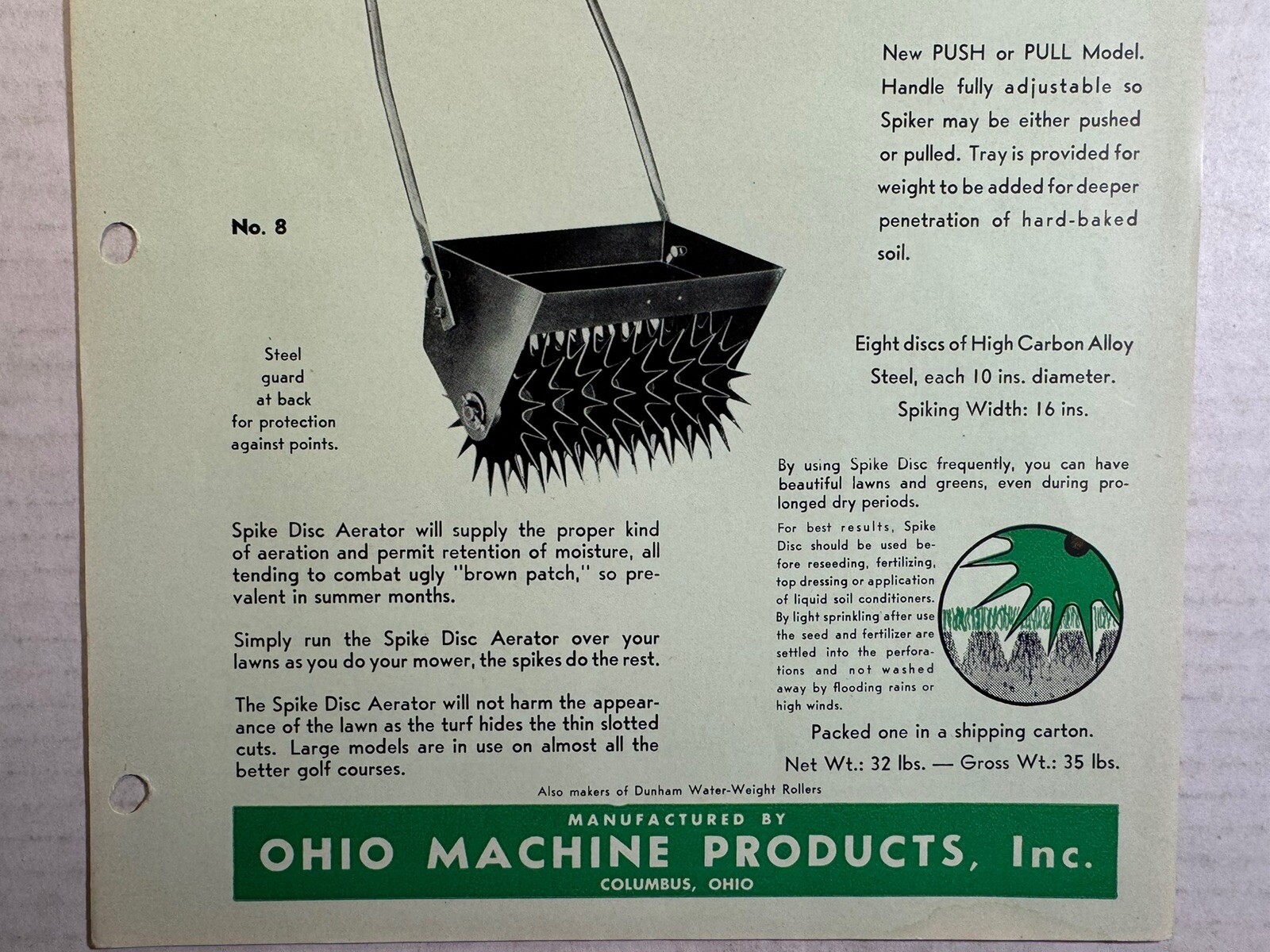 Vintage OHIO Machine Products Spike Disc Lawn & Green Cultivators Brochure