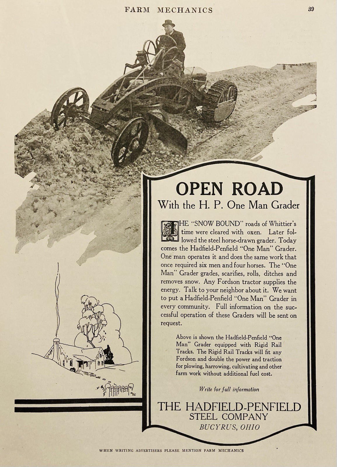 1924 AD.(XH82)~HADFIELD-PENFIELD STEEL CO. BUCYRUS, OHIO. “ONE-MAN” ROAD GRADER