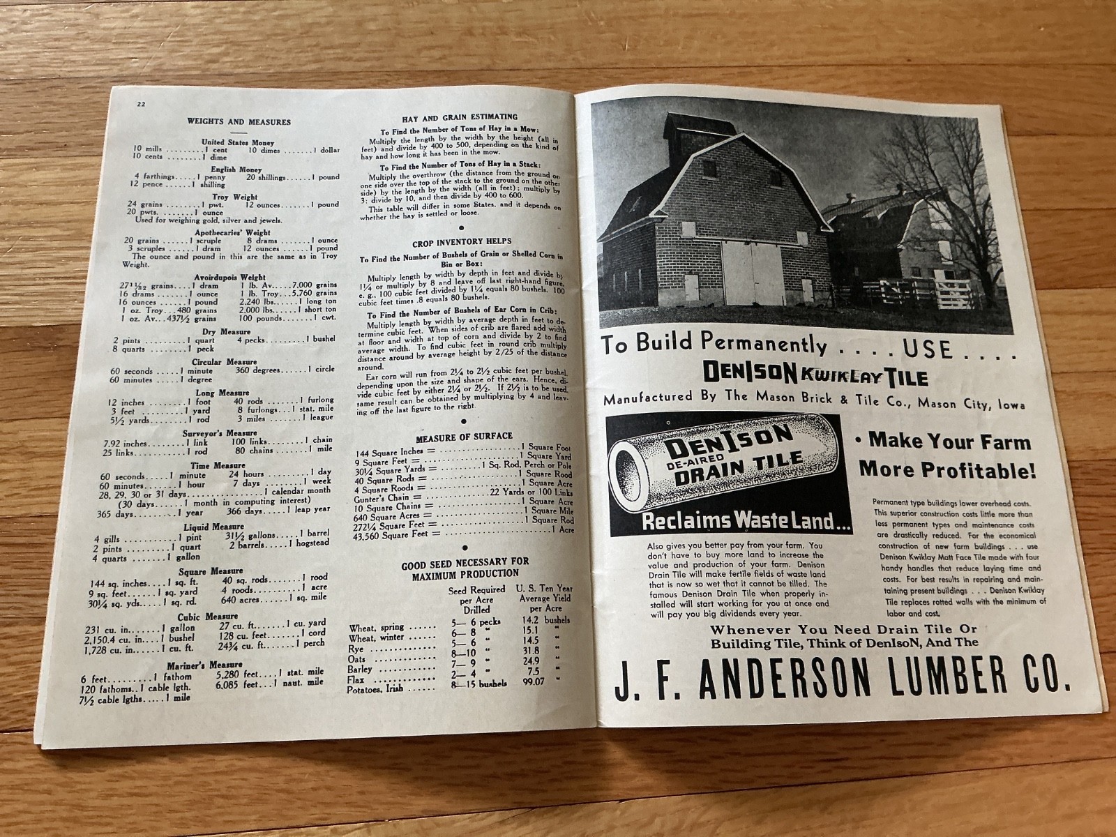 1945 Farm Acct. Record Book – J. F. Anderson Lumber Co. Minnesota, Iowa, Dakotas