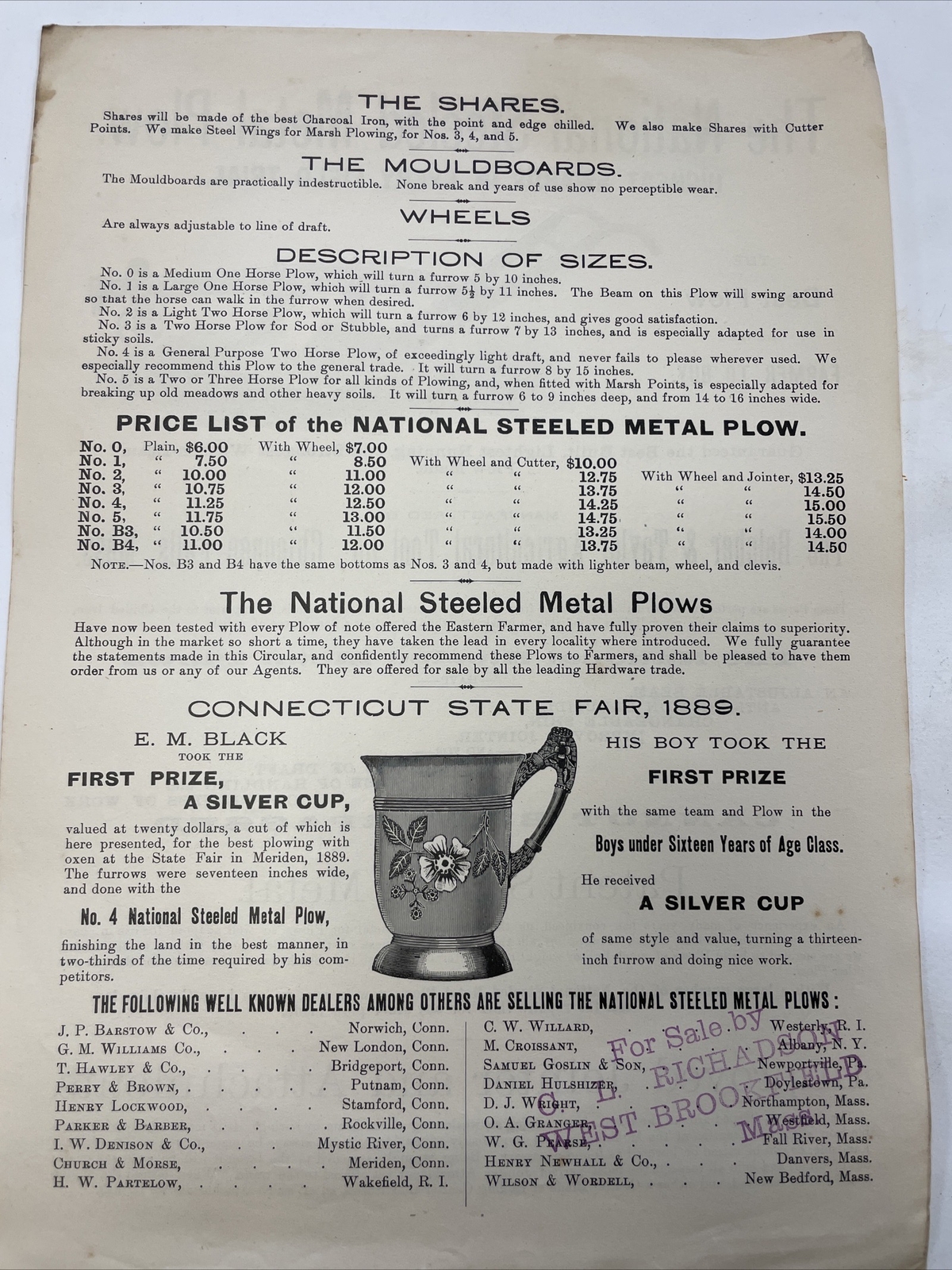 VINTAGE 1889 NATIONAL STEELED METAL PLOW ADVERTISEMENT