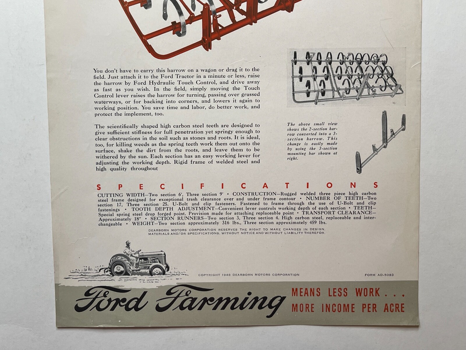 Ford « N » Series- Lift Type Spring Tooth Harrow Sales Brochure *1947*