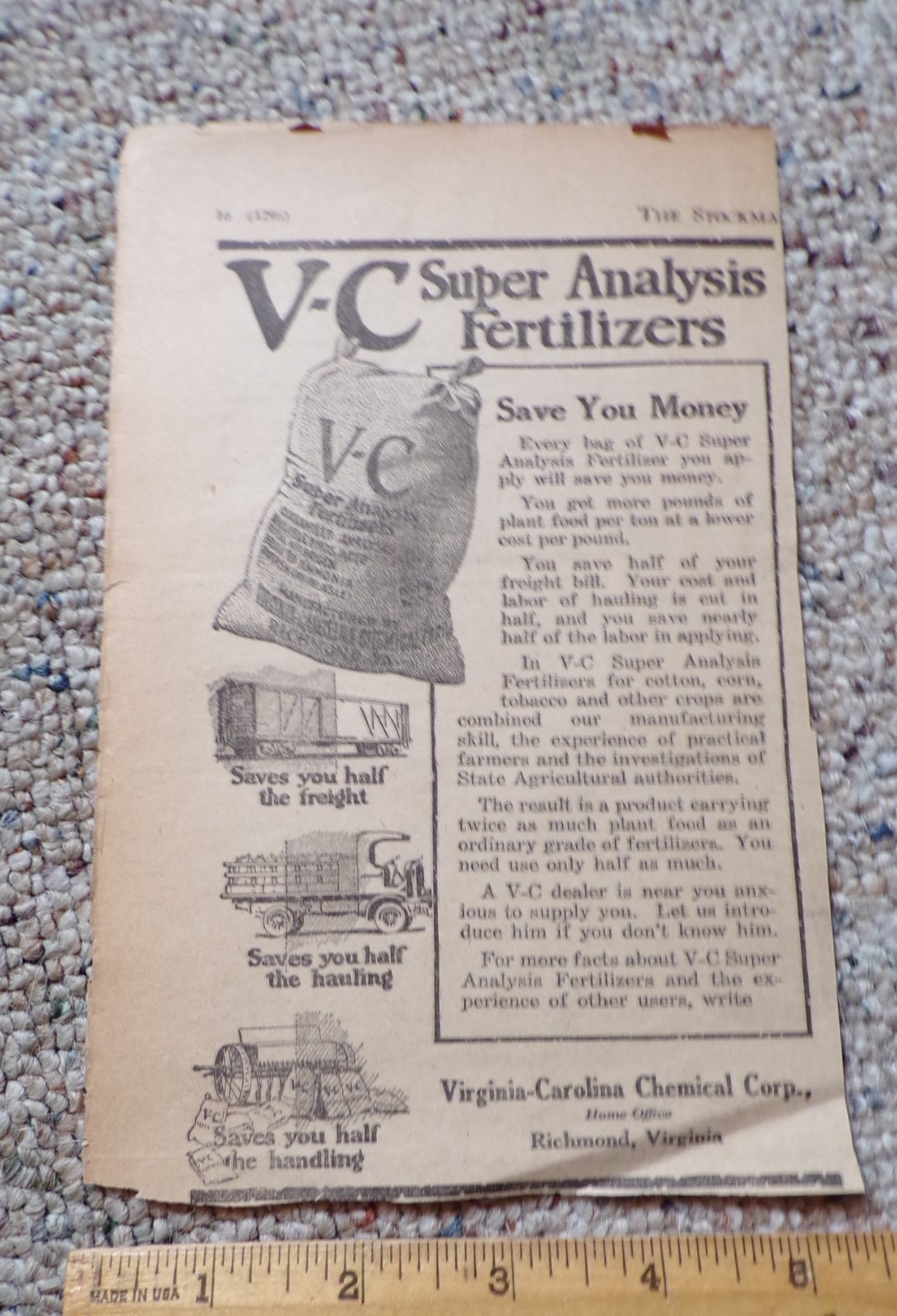 1927 Virginia Carolina Chemical Corp Richmond V-C Fertilizer Vintg Ad Farm Crops