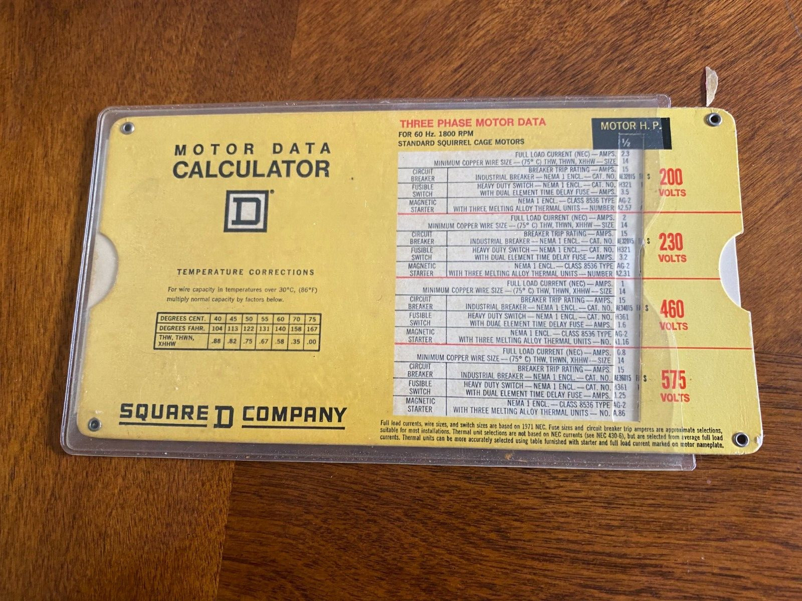 Vintage 1973 Square D Company Motor Data Calculator Slide Rule w/ Sleeve