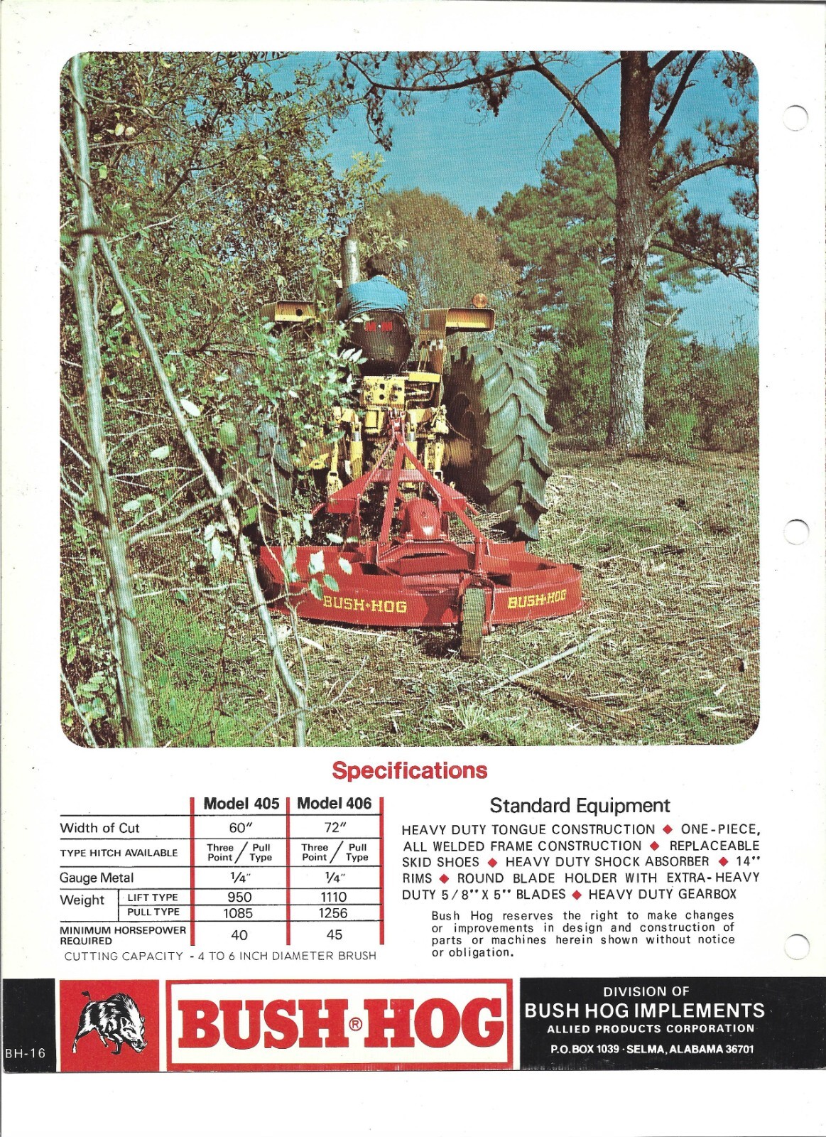 Bush Hog Model 405 & 406 Heavy Duty Rotary Cutter Showroom Sales Brochure