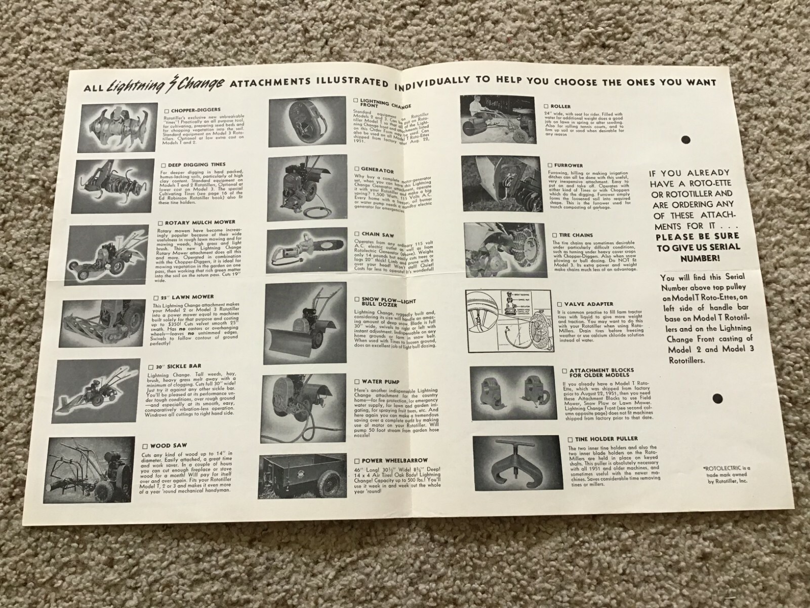 1956 Rototiller models 2 and 3, model T order form.