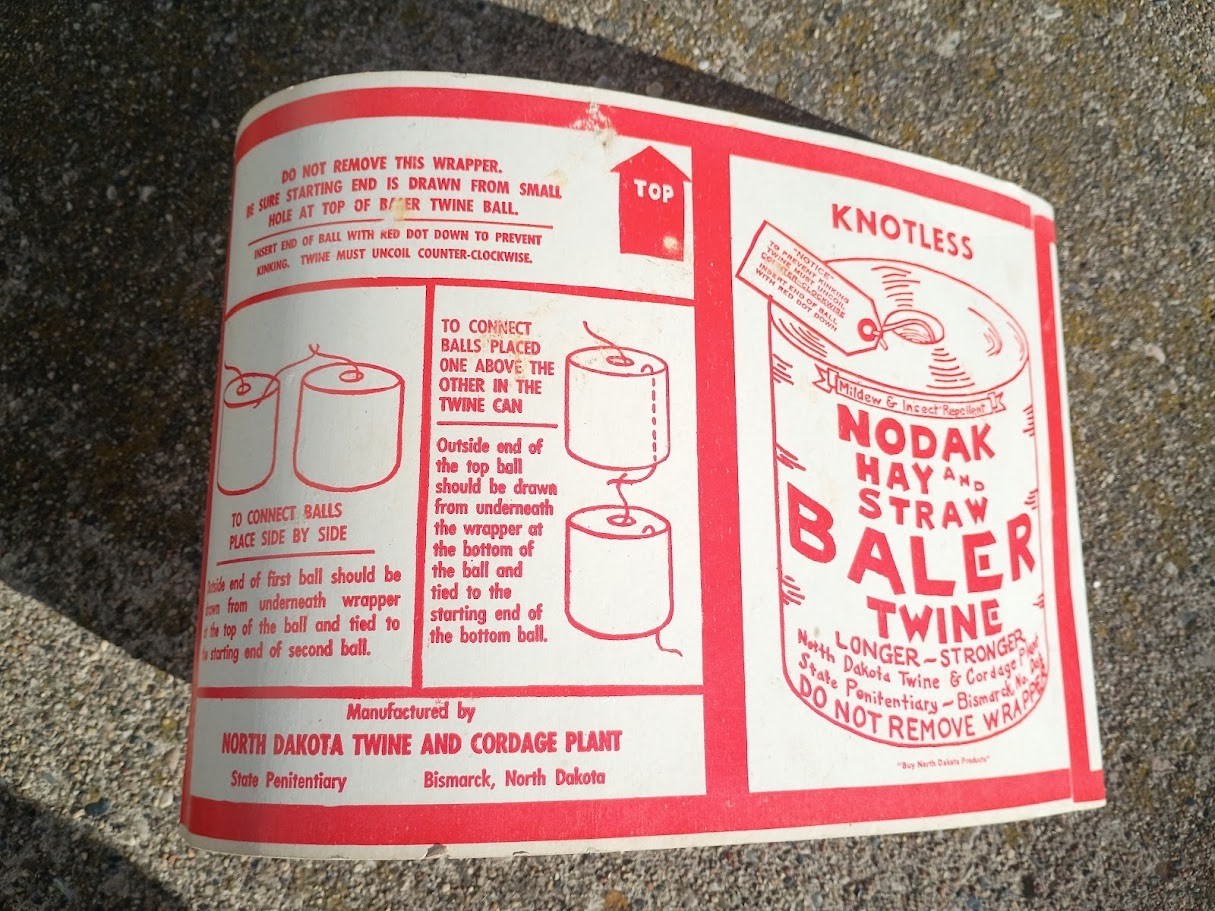 —Vtg NODAK Baler Twine bale wrapper package North Dakota State Penitentiary