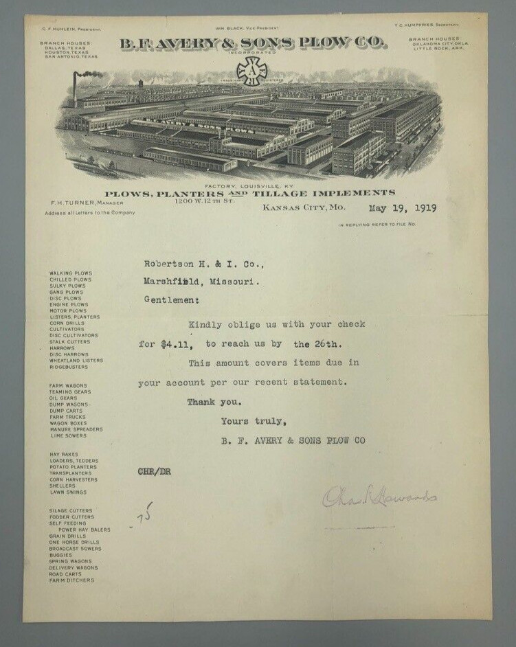 1919 B F AVERY PLOW Co Antique Letter FARM Advertising KANSAS CITY MO