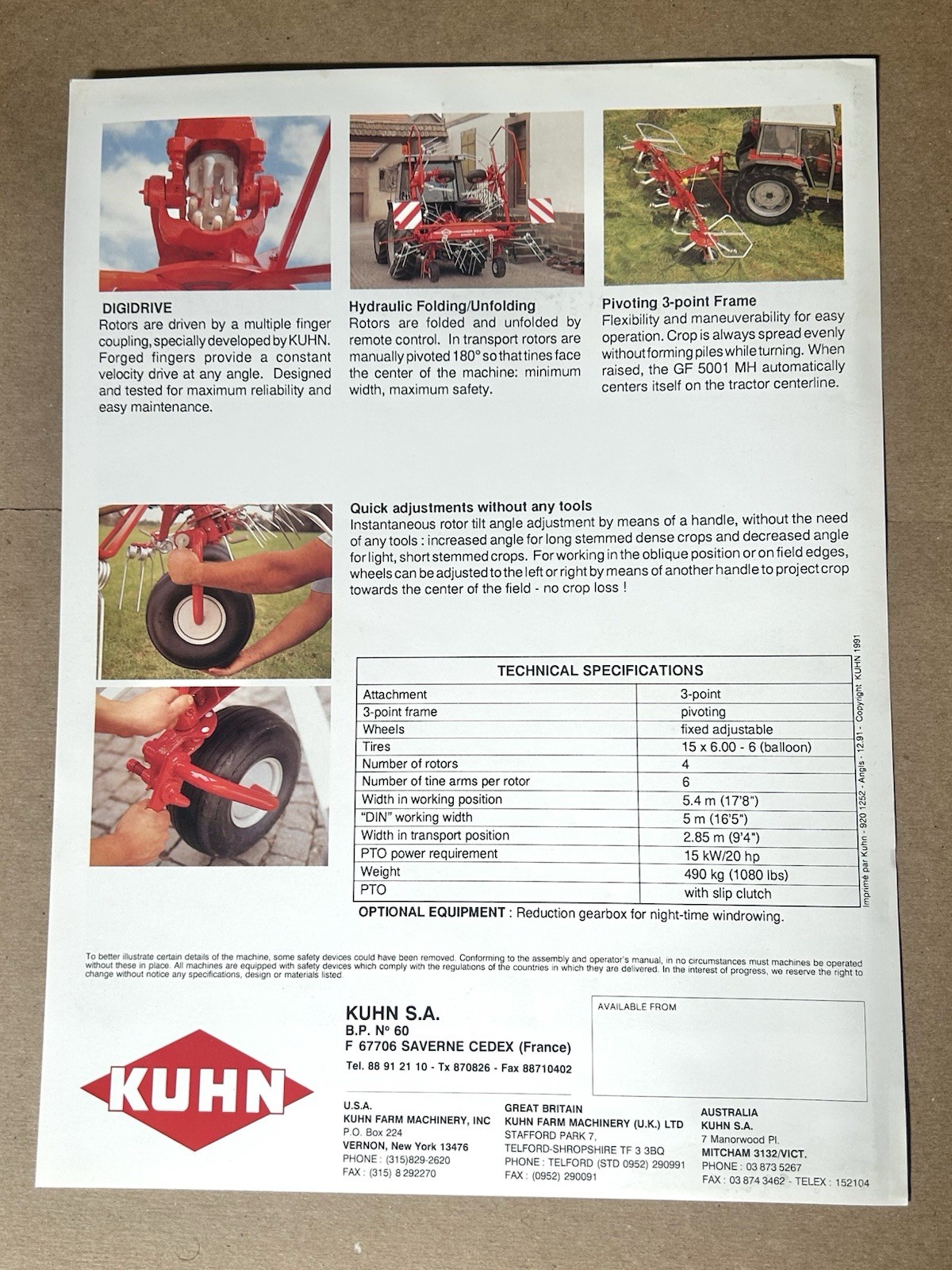 1992 Kuhn GF 5001 MH Gyrotedders Original Single Page Spec Sheet/Brochure