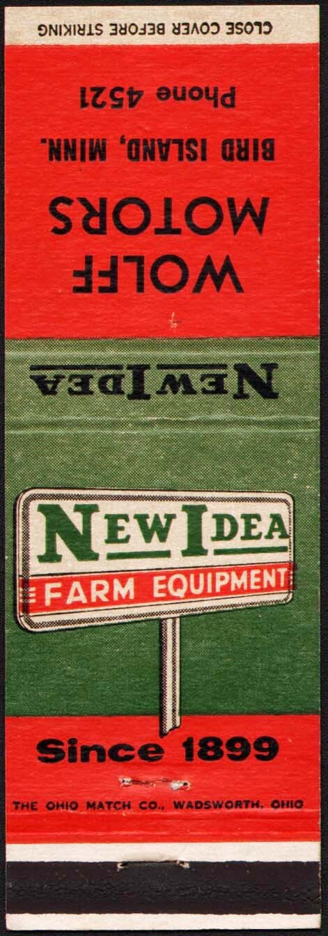 Vintage matchbook cover NEW IDEA FARM EQUIPMENT Wolff Motors Bird Island Minn