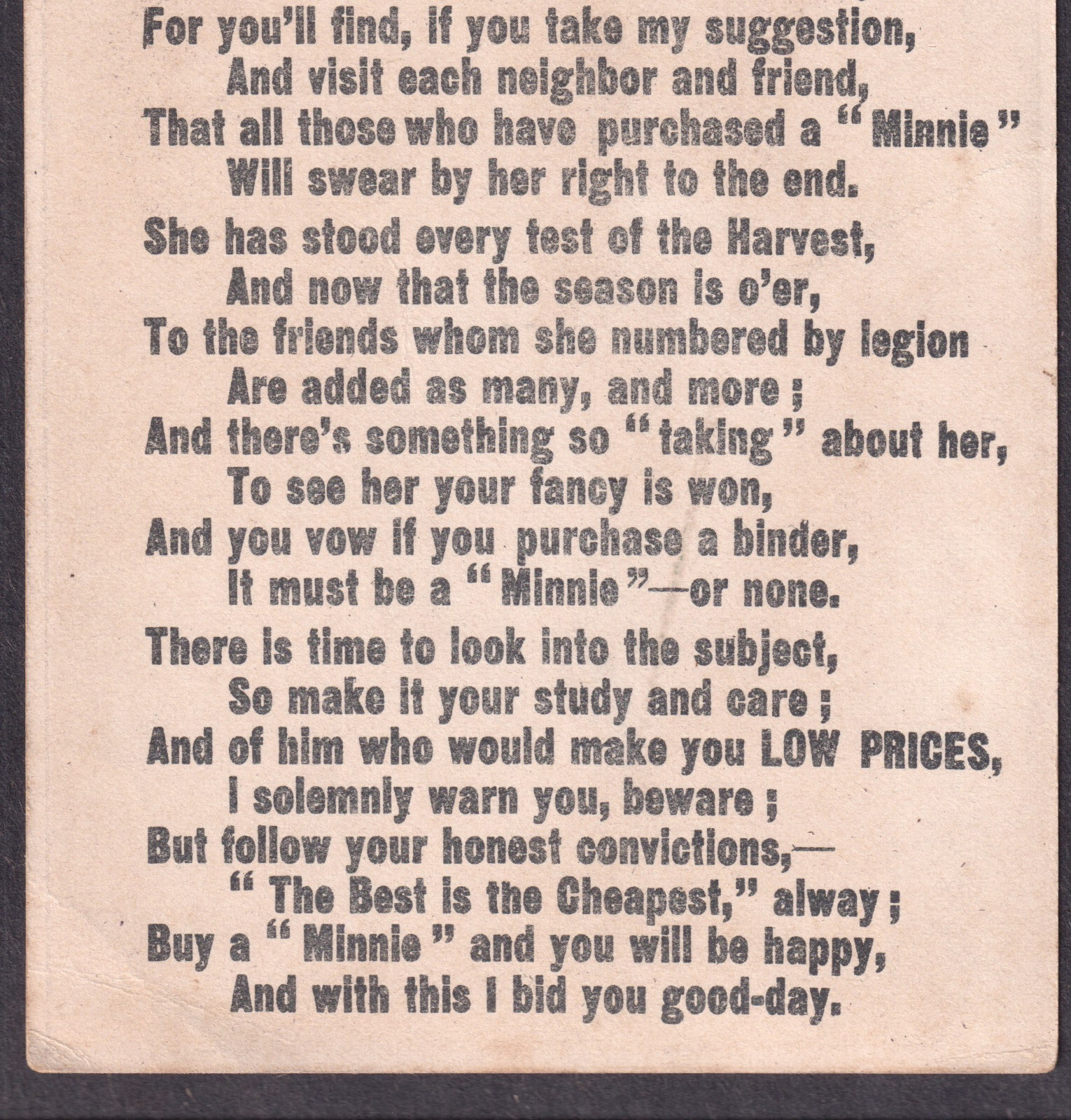 Antique Minneapolis Steel Binder 1880&rsquo;s Minnie Farm Poem Advertising Trade Card