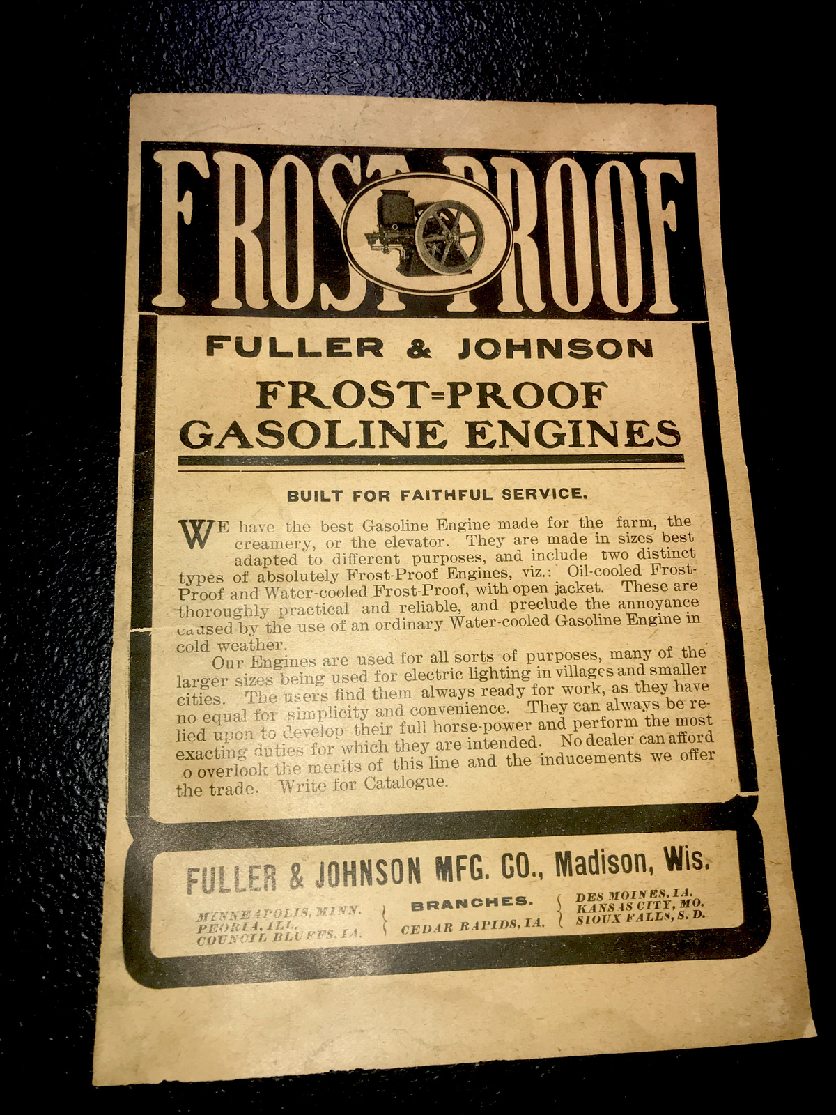 1908 Fuller & Johnson Gasoline Engines Farm Advertising – Madison – Wisconsin