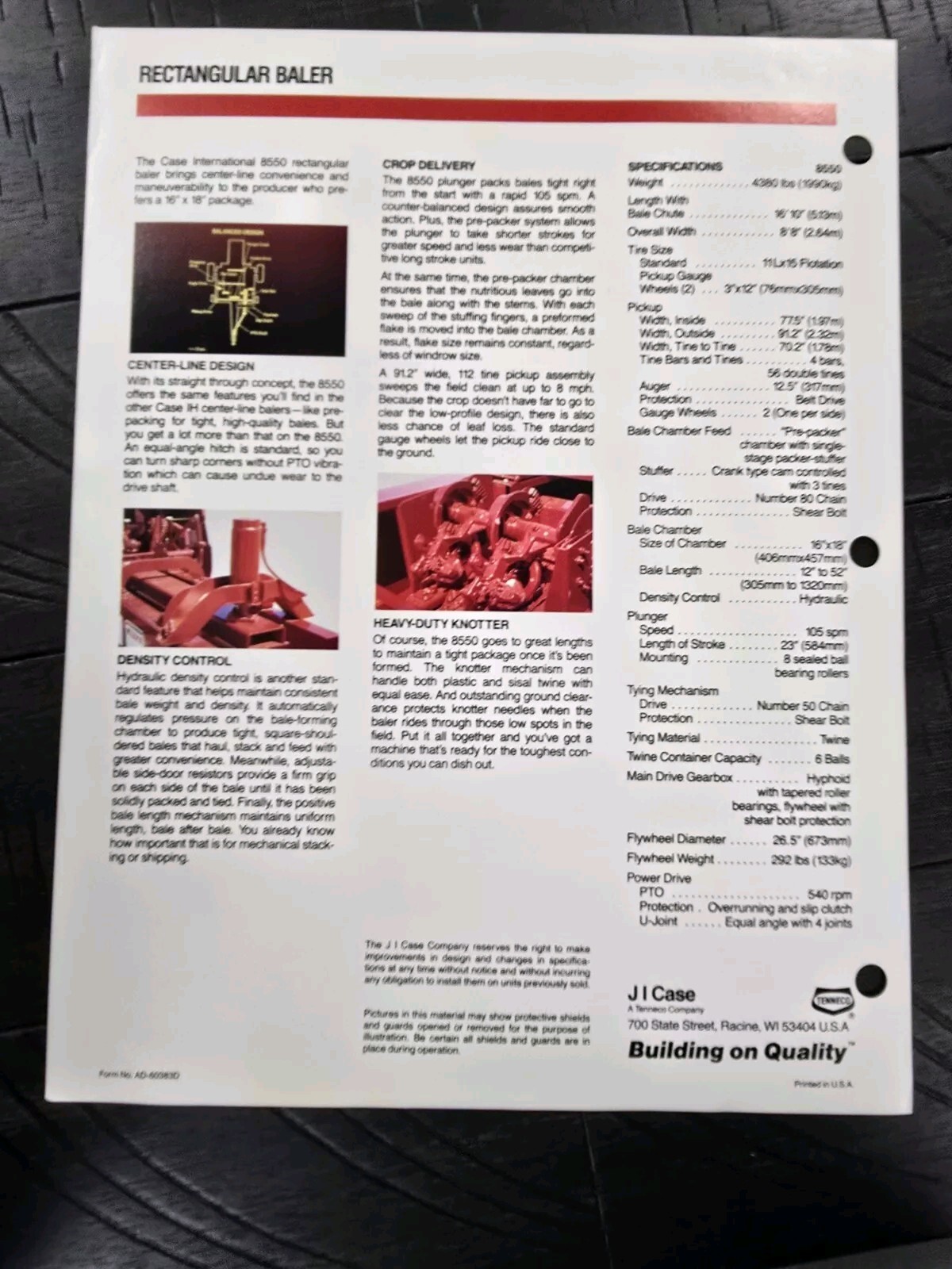 1990s 8550 Rectangular Baler Dealer Spec Sheet Case IH International Harvester