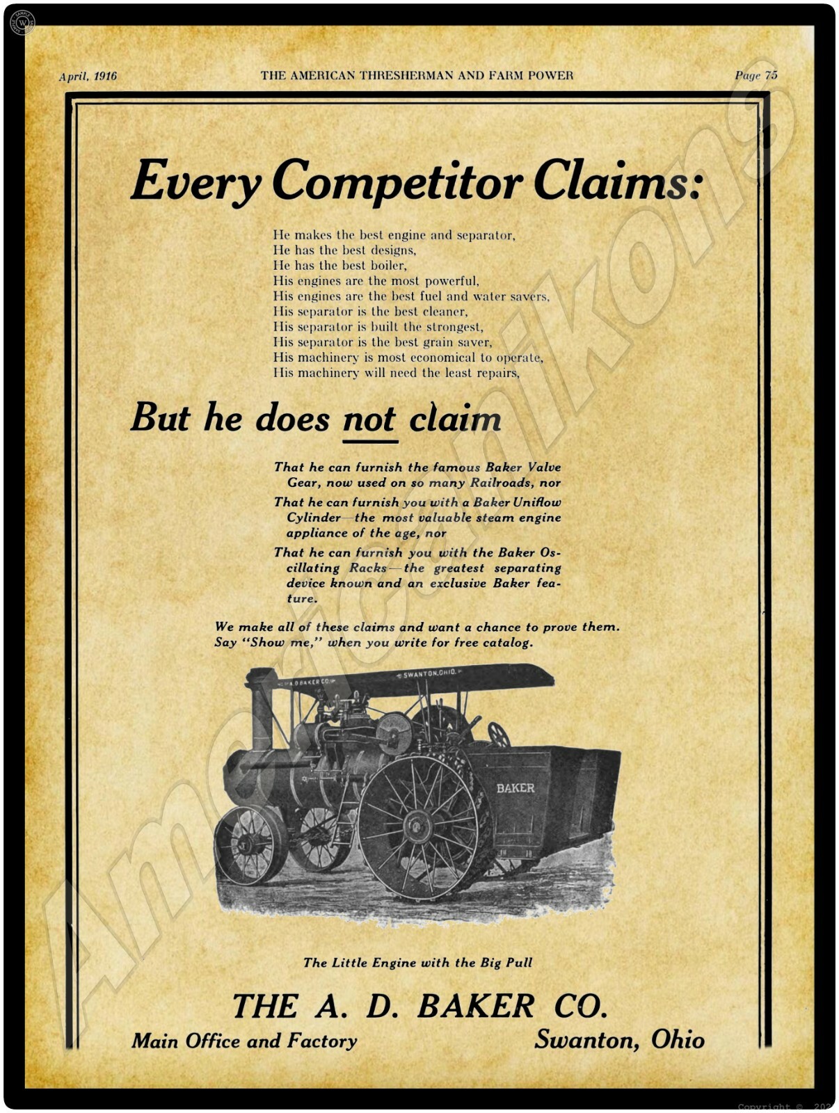 1916 A.D. Baker Traction Engine, Uniflow – New Metal Sign: Swanton, Ohio