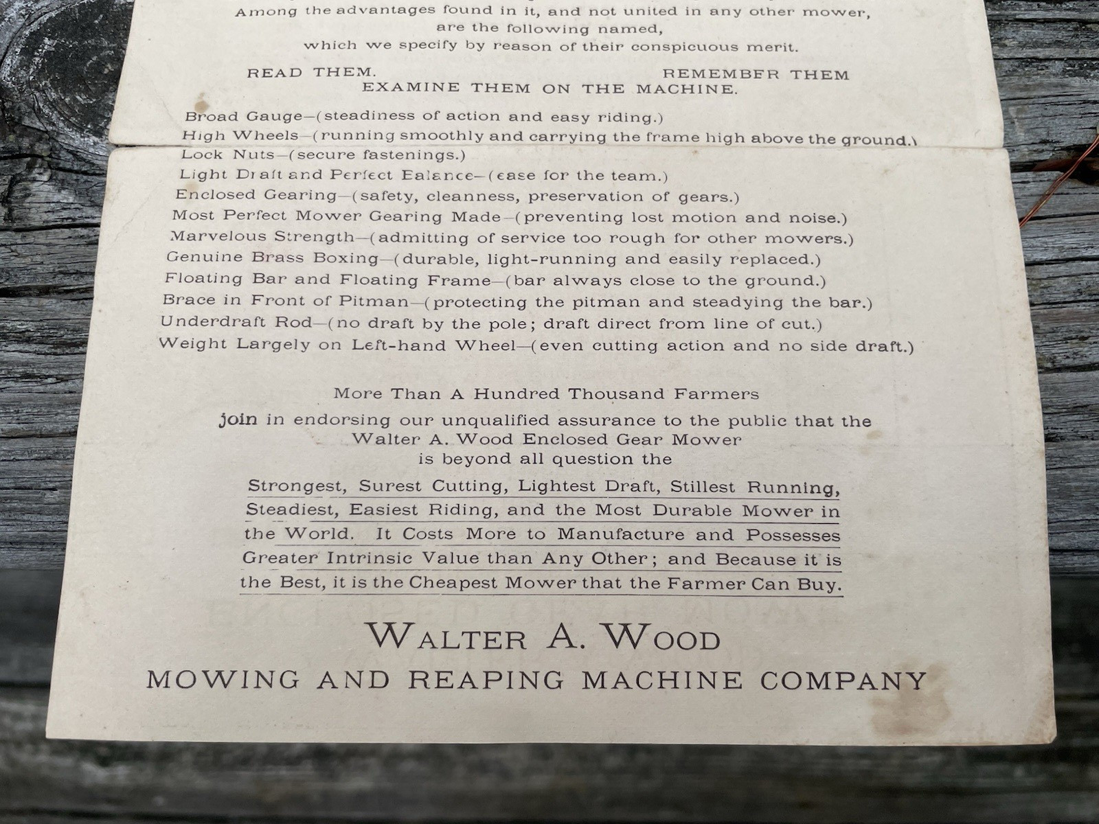 Antique Advertising Card Walter A Wood Enclosed Gear Mower Hoosick Falls NY
