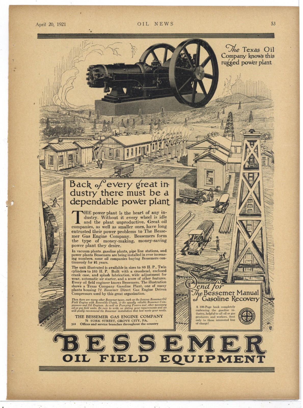 1921 Bessemer Gas Engine Co. Ad: Oil Field Equipment – Grove City, Pennsylvania