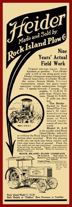 1917 Rock Island Plow Co. NEW Metal Sign: Heider Model C Tractor – R.I. Illinois