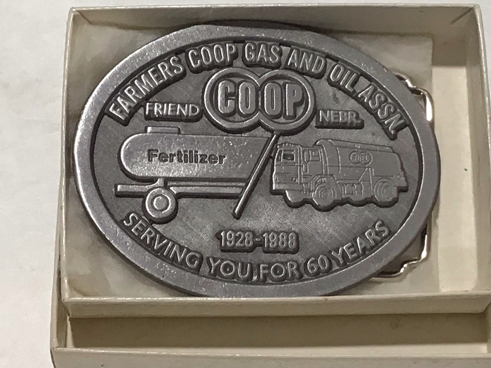 Farmers CO-OP Belt Buckle Friend Nebraska Advertising 1928–1988 60th Anniversary