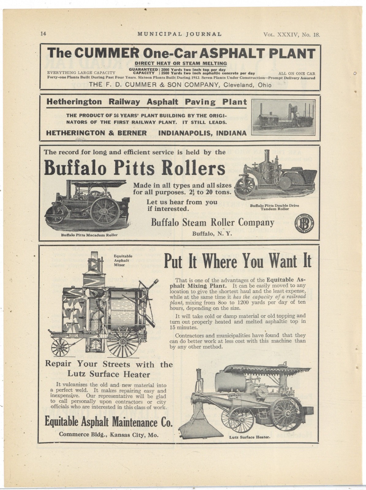 1913 Equitable Asphalt Maintenance Co. of Kansas City Ad: Asphalt Mixer & Heater