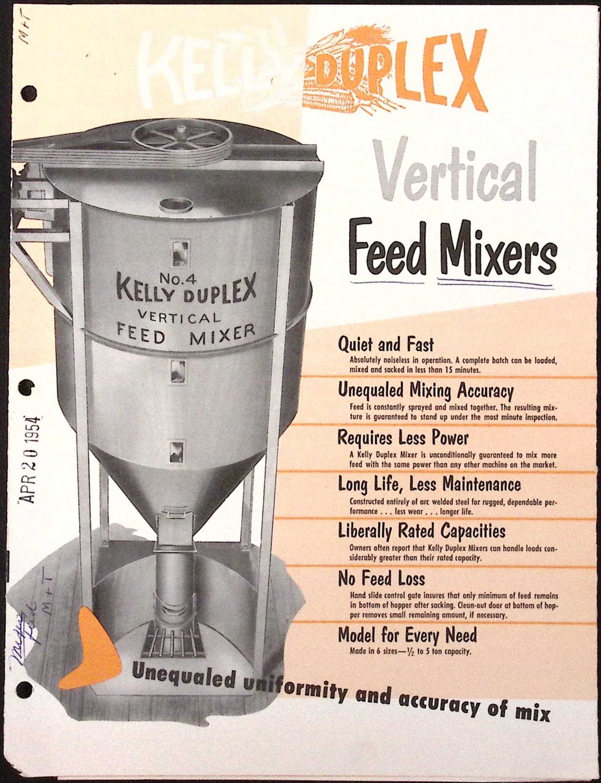 1954 Kelly Duplex Vertical Feed Mixer Brochure Duplex Mill Mfg Co Springfield OH