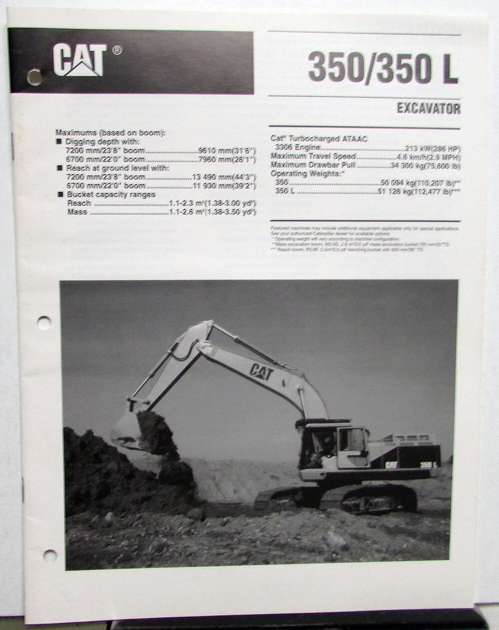 1995 Caterpillar 350 350L Excavator Specifications Construction Sales Brochure