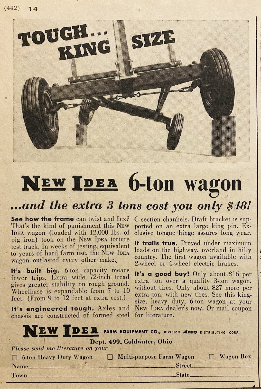 1958 AD.(XH85)~NEW IDEA CO. COLDWATER, OHIO. NEW IDEA 6-TON MANURE WAGON