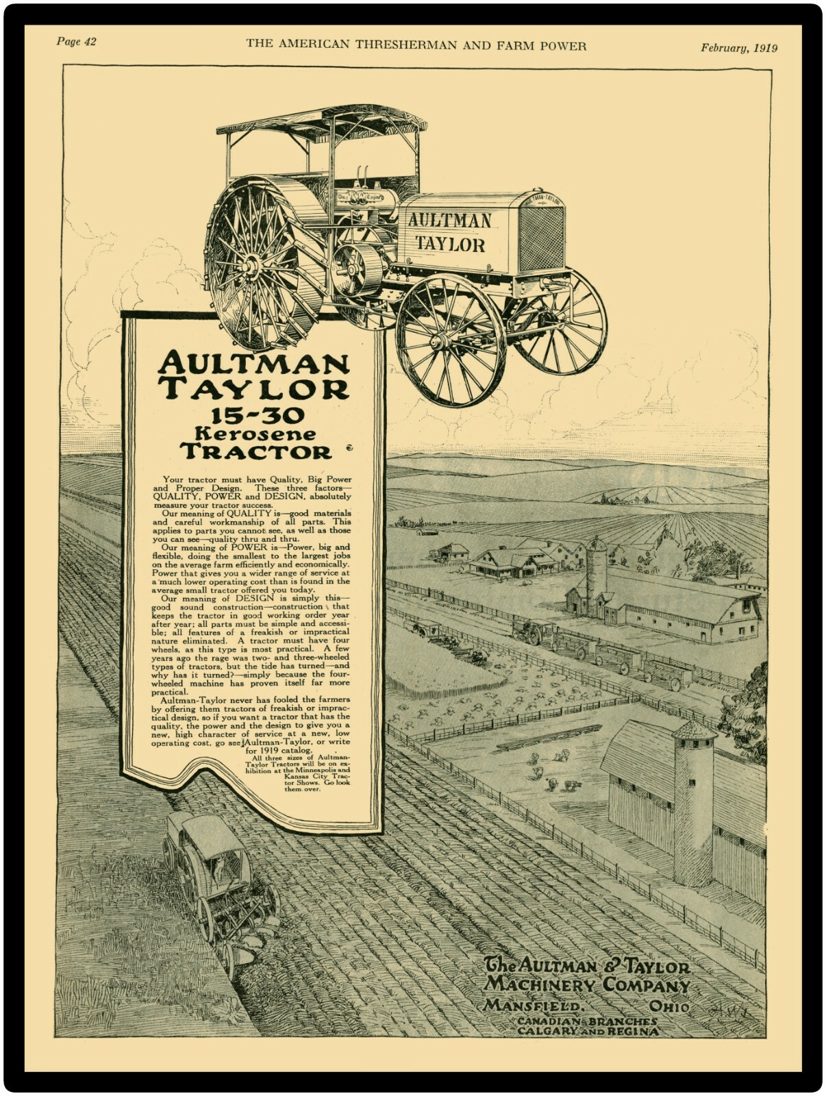 Aultman Taylor 1919 Repro Metal Sign: 15-30 Kerosene Tractor Pictured