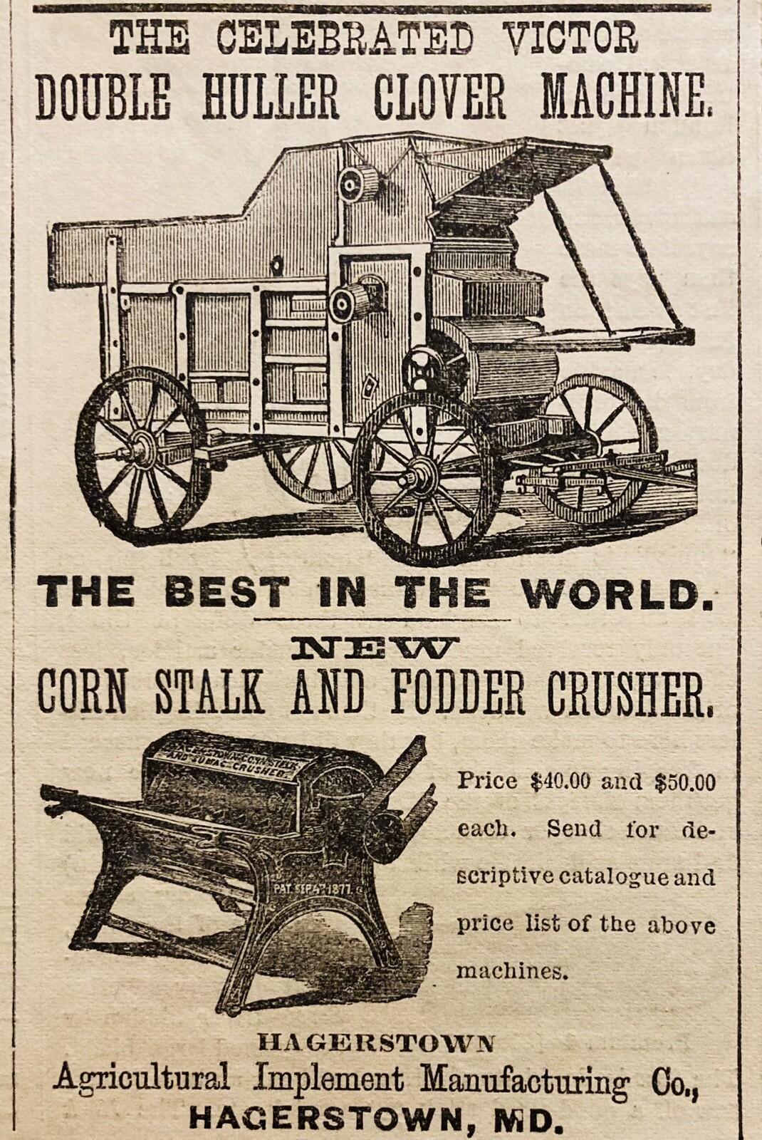 1878 AD.(XH79)~AGRICULTURAL IMPLEMENT CO. HAGERSTOWN, MD. VICTOR CLOVER MACHINE